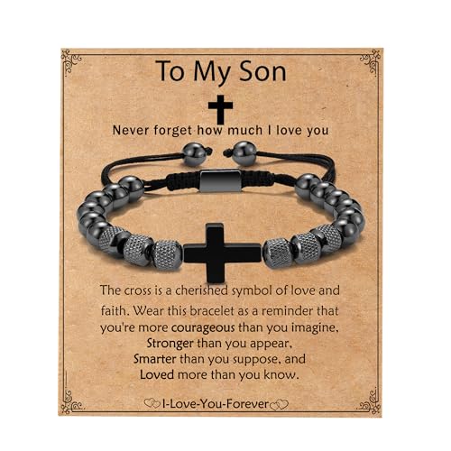 Image of Cross Bracelet for Boys Teens, Adjustable Obsidian Beads Bracelets Christian Religious Jewelry Gifts for Teen Teenage Boys