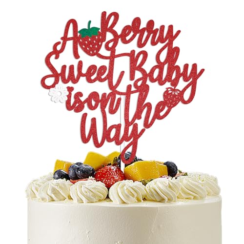 Decoración para tarta con texto en inglés 'A Berry Sweet Baby is on the Way', decoración para baby shower, decoración de baby shower con purpurina roja