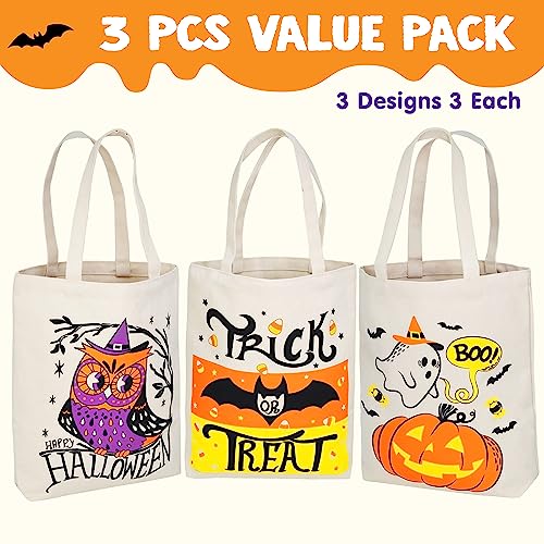 Image of JOYIN 3PCS 13.75 inch Large Halloween Tote Treat Bags for Trick or Treating, Halloween Goodie Candy Bags, Reusable White Canvas Gift Bag for Kids Party Favor Supplies, Snack Grocery Tote with Handles