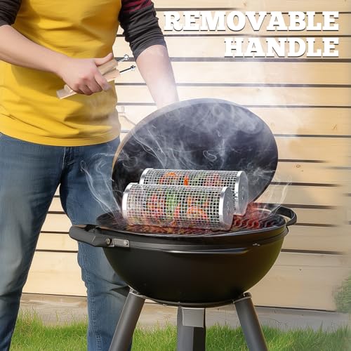 Ivtivfu Nesting Grill Baskets (2PCS), Removable Wooden Handle, 304 Stainless Steel, Rolling Grilling Net, BBQ Accessories Tools for Vegetables Shrimp, Outdoor Cooking Camping, Gifts for Men Dad Husband - Thumbnail 5