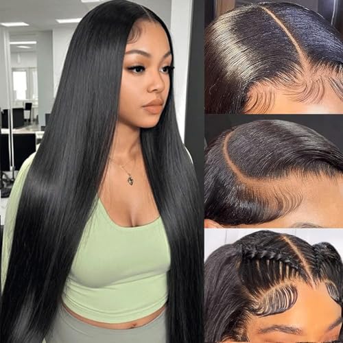 Image of LETMIEO 28 Inch 13x6 Lace Front Wigs Human Hair Straight Wigs Human Hair 13x6 Real 100% Virgin Hair 180 Density HD Transparent Lace Frontal Wigs for Women Glueless Wigs Human Hair Natural Color
