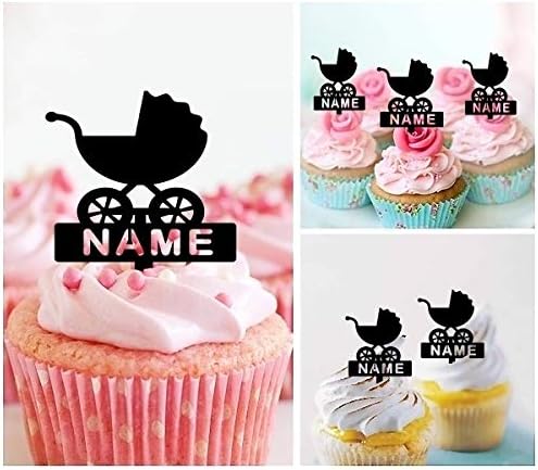 TA1213 Baby Carriage Silhouette Party Wedding Birthday Acrylic Cupcake Toppers Decor 10 pcs with Personalized Your Name