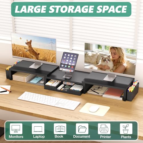 Image of OPNICE Dual Monitor Stand Riser with Drawer and 2 Pen Holders, Desk Organizer for Office Supplies, Computer Monitor Stand for Desk, Workspace Desk Accessories for Home Office, Black