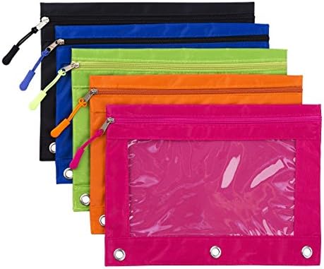 Binder Pencil Pouch with Zipper Pulls, Pencil Case with Rivet Enforced 3 Ring, Multicolored 5 Pack