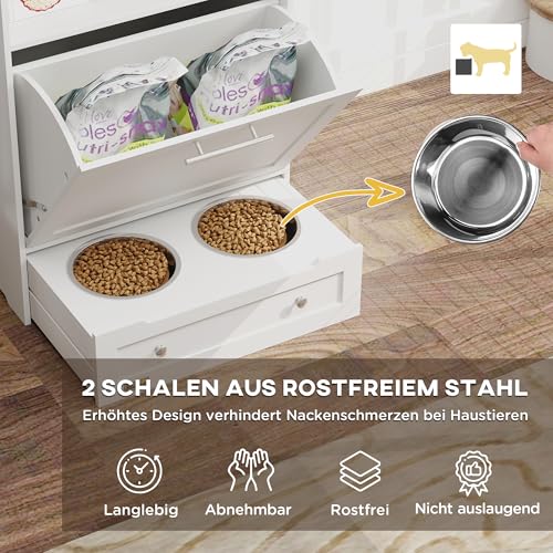 PawHut Haustier-Futterschrank Futterschrank Hund mit Lagerschrank, 2 Edelstahlnäpfen, 3 Haken, Schublade, Futterstation mit offenem Fach, Kipptür, Hundefutterstation für Hunde, 61 x 35,5 x 82 cm Weiß