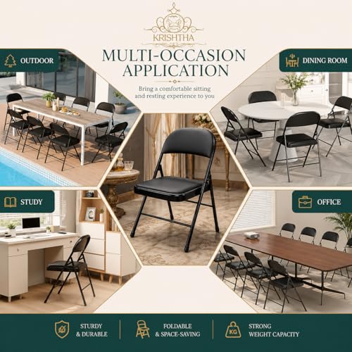 Image of Metal Folding Chair with Soft Cushioned Leatherette Seat | Foldable Chair for Home, Office, Study, Balcony, Kitchen & Restaurant | Space Saving Portable Steel Chair | Black