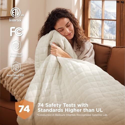 Image of Bedsure Heated Blanket Throw Blanket - Quilted Electric Blanket, Soft Flannel Thick Heating Blanket with 4 Time Settings & 6 Heating Settings, Warm Gifts for Women Men (50x60 inches, Ivory)