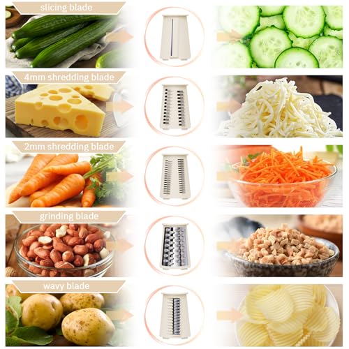 ENERGEVITY Manual Rotary Cheese Grater with Handle, 5 in 1 Replaceable Stainless Blades Cheese Shredder,Strong Suction Base Vegetable Slicer with Cleaning Brush & Bonus Storage Box for Blades (white) — view 5