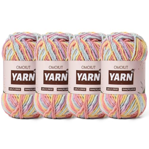 Image of 4 Packs Plush Chenille Chunky Crochet Yarn - Baby Yarn for Crocheting Soft - Velvet Yarns Knitting for Blankets Crafts - Fluffy Amigurumi Yarns 200g /262.5yds (4 Macaron)