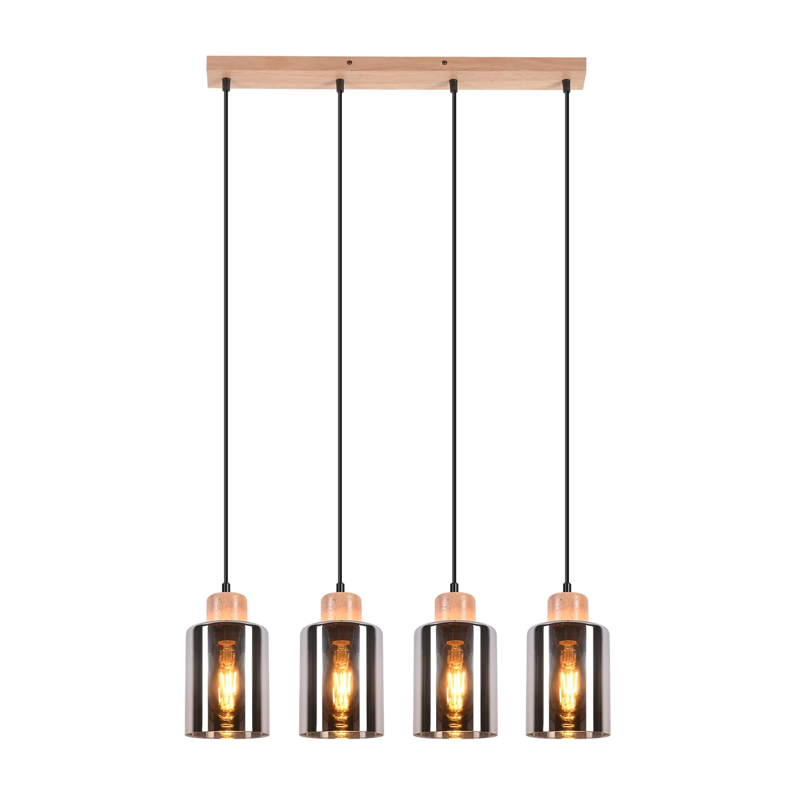Pendelleuchte esstisch Hängelampe E27: Esstischlampe hängend Holz | Esszimmerlampe 4 flammig retro Vintage Hängeleuchte Rauchglas Pendellampe für Esszimmer Küche - Ohne Leuhctmittel