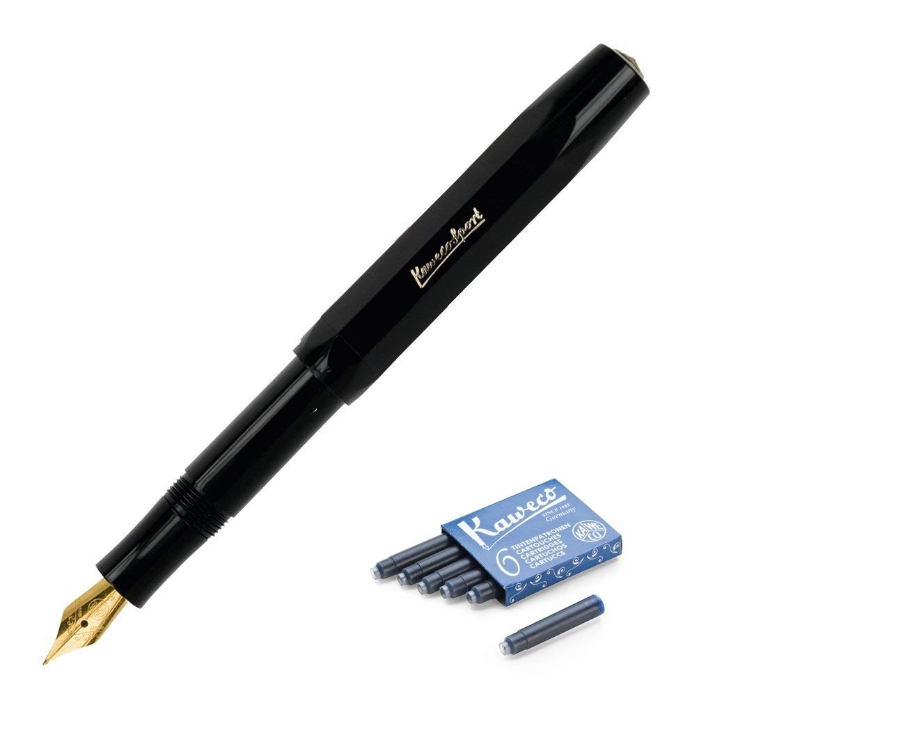 Kaweco Classic Sport Fountain Pen (Fine Nib) + Pack of 6 Blue Ink Cartridges (Black)