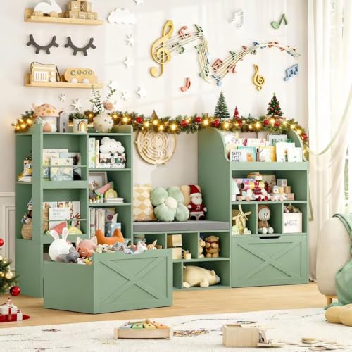 FINETONES 75&rdquo; W Kids Bookshelf with Reading Nook, Large Toy Storage Toy Organizer with Seat...