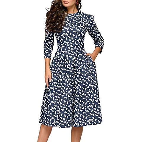 Simple Flavor Women's Floral Vintage Dress Elegant Midi Evening Dress 3/4 Sleeves - Blue - X-Large Cover