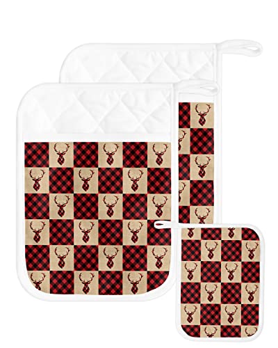 Christmas Reindeer Pot Holders With Pocket For Kitchen, Heat-Resistant Potholders Set Of 2, Hot Pads Oven Mitts With Hanging Loops For Home Cooking Baking Microwave, Buffalo Plaid Red Black #TOP22