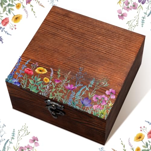 Gerrii Wedding Wooden Keepsake Box Wildflower Memory Box Wedding Baby Shower Decorative Storage Boxes with Buckle for Bridal Shower Birthday(Pastel Wildflower,Brown,7.68 x 7.68 x 3.94 Inches)