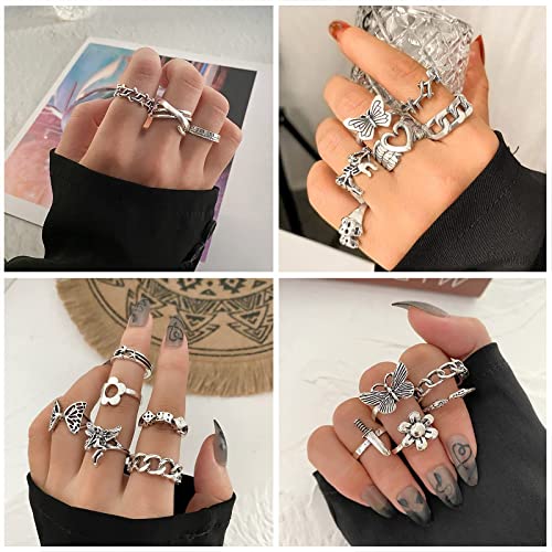 Image of IFKM Vintage Silver Knuckle Rings Set for Women, Stackable Joint Finger Statement Rings Bohemian Retro Hollow Carved Midi Rings, Boho Halloween Skeleton Skull Snake Heart Chunky Stacking Rings Pack