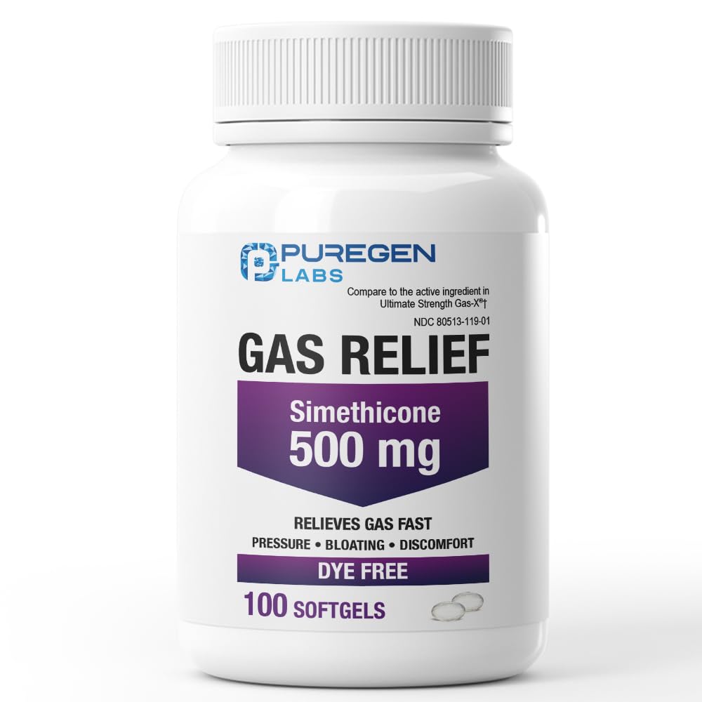 Puregen Labs Gas Relief Softgels with Simethicone 500 mg, Dye Free Formula, Fast Relief from Gas, Bloating & Pressure - 100 Softgels
