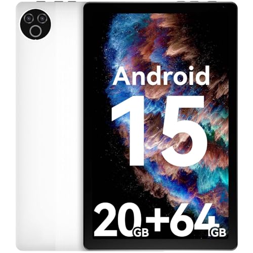 Tablet 10 Inch Android 15 OS GMS Certified Tablets PC 1.8 GHz 5-Core 20 (3+17) GB RAM 64 GB ROM 1 TB Expandable 1280x800 HD IPS Touch Screen 5000 mAh WiFi 6 Bluetooth 5.4 Dual Camera 2025 (White)