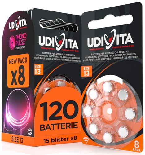 120 Pile Udivita per Apparecchi Acustici Misura 13 PR48 (Arancioni - Zinco Aria) con Phono Pulse Technology - 15 Blister da 8 Batterie