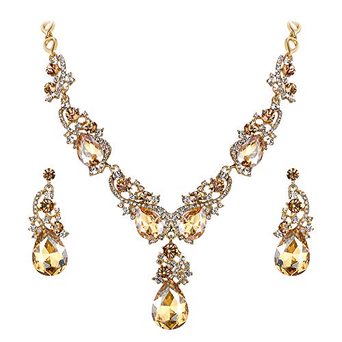 BriLove Wedding Bridal Necklace Earrings Jewelry Set for Women Multi Teardrop Cluster Crystal Statement Necklace Dangle Earrings Set Champagne Gold-Toned