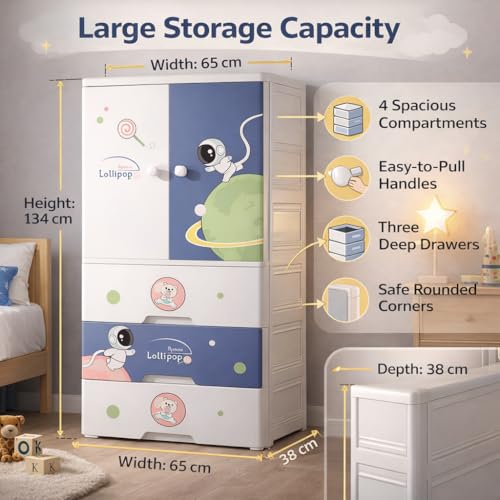 Image of AYSIS Kids Plastic Collapsible Wardrobe Organizer for Storage with Drawers | Cute Cartoon Design | Heavy Duty Cloth Organizer for Storage | Easy to Assemble | Perfect for Kids Room & Home | Starry