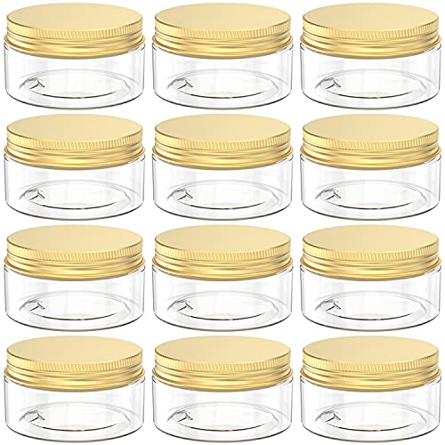 MFDSJ 4 Ounce Plastic Cosmetic Jars Wide Mouth Refillable Containers with Golden Lids for Powders, Lotion, Ointments, Make Up, Body Butter, 12 Pcs
