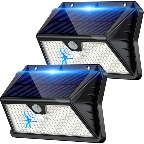 Giliwosy Luz Solar Exterior,【2 Paquete/3 Modos】 Luces Solares con Sensor Jardin de Movimiento 185 LED Focos LED Exterior Solares IP65 Impermeable para Jardín, Garaje, Patio, Puertas (Blanco Frío)
