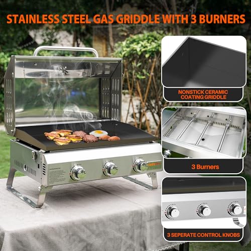 Onlyfire 3-Burner Gas Griddle, Portable Tabletop Gas BBQ with Non-Stick Ceramic Coated Plancha, 7KW High-Power Outdoor Grill with Lid & Thermometer for Camping, Patio & Garden, Silver - Image 4