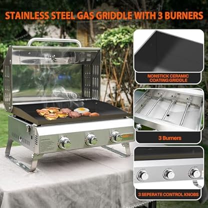Onlyfire Tischgasgrill mit 3 Brenner | Edelstahl Plancha Gasgrill | mit Deckel, Grillplatte, Thermometer | Grillfläche 57 x 36 cm | Keramische Lackbeschichtung | BBQ Camping | Tragbarer Balkongrill – Bild 4