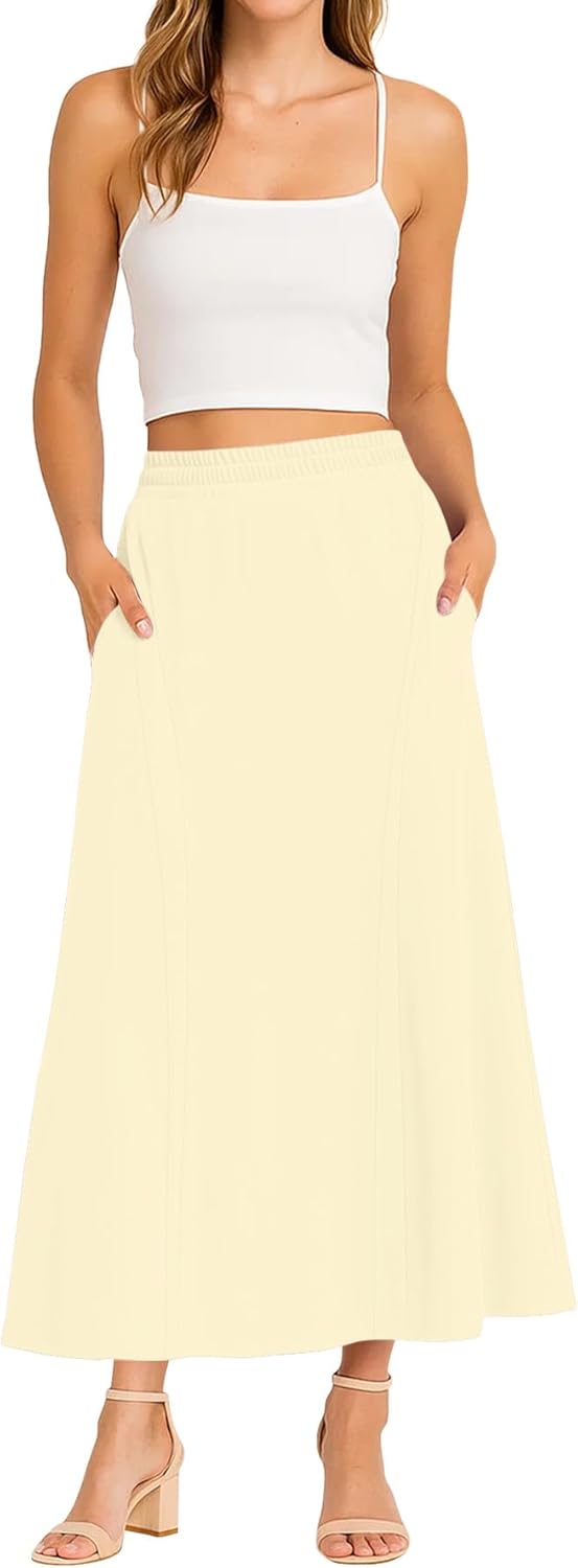 KUOTAI Womens High Waisted Maxi Skirt with Pockets A-Line Elastic Waist Casual Soft Skirts