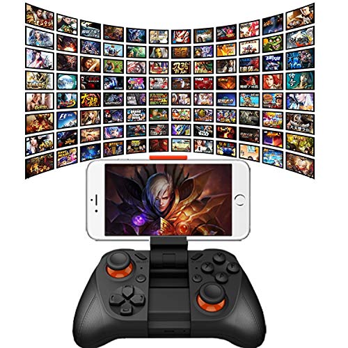 Haweel MOCUTE 050 controller connected to a smartphone displaying a game, with a collage of various game titles in the background