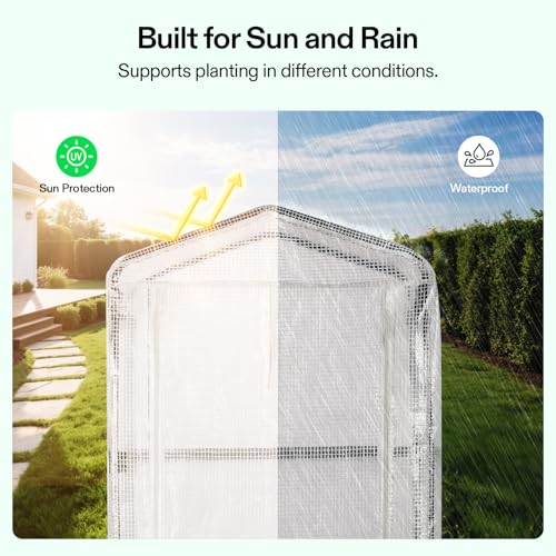 Image of VIVOSUN Mini 4-Tier Greenhouse with Wheels, 27 x 19 x 63-Inch Reusable Portable Warm House with White PE Cover and Shelf for Compact Garden and Small Backyards, with Wheels