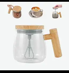 Caneca Mixer Automática com Tampa de Madeira, 400ml, para Café, Achocolatado, Leite e Shakes, Misturador Elétrico com Carregamento USB-C, Design Moderno e Elegante