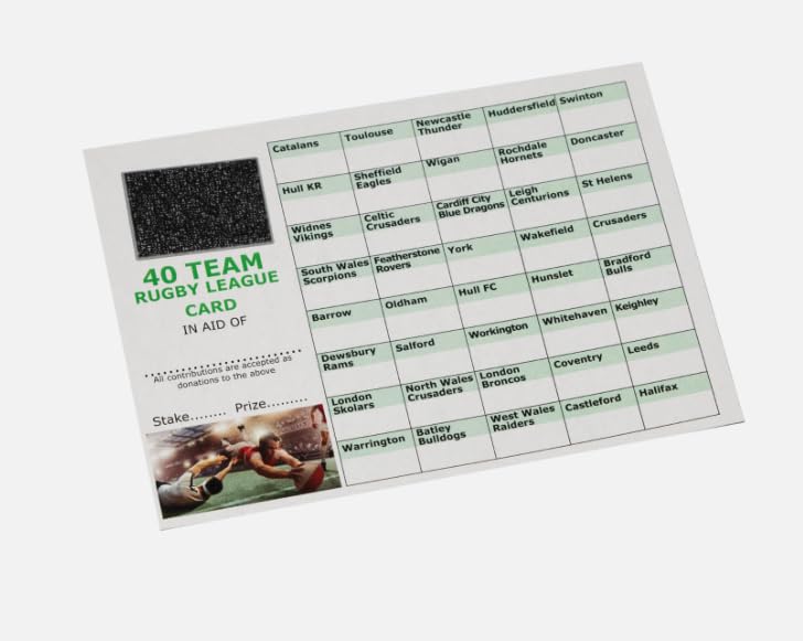 Crystals Club Supplies 25 x 40 Team Rugby Leauge Fundrsising scratch Card