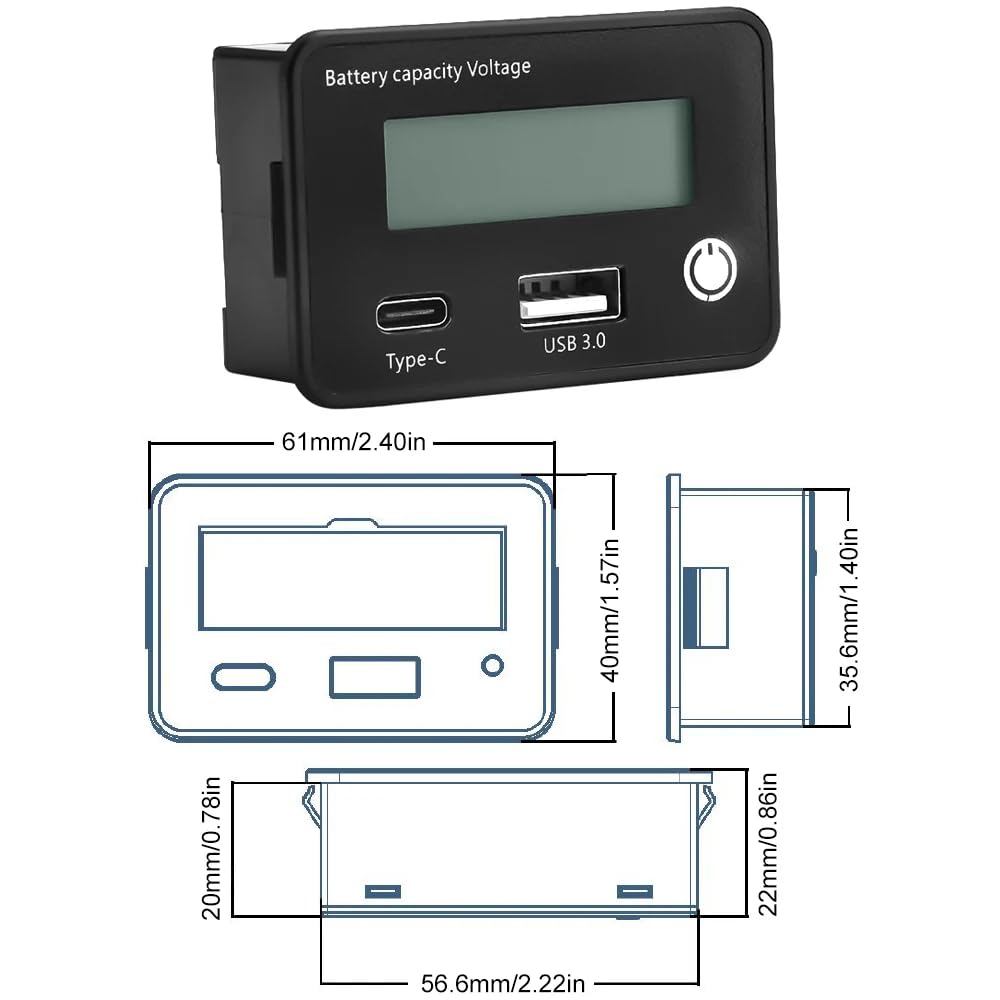 DollaTek Tester akumulatora samochodowego LCD Wska?nik baterii DC8-30V z portem USB typu C do samochodu Moto Golf Cart RV Miernik baterii