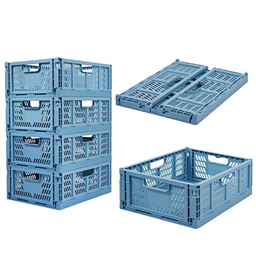 4 Pack Plastic Storage Crates Foldable Shelf Storage Basket Bins for Food Fruit Vegetables Snacks Bottles Toys Toiletries Home Kitchen Office Storage Box Pantry Organization Cabinet Organizer
