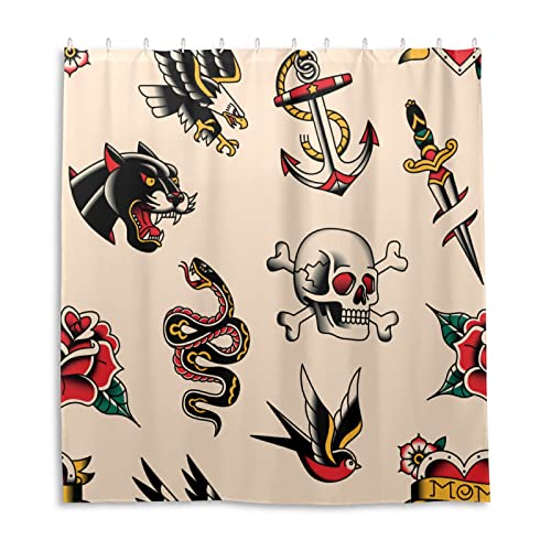 xigua Shower Curtains Old School Tattoo Print Design Curtain?Waterproof Fabric Decor Shower Curtains for Bathroom Set with 12 Hooks?66” x 72”