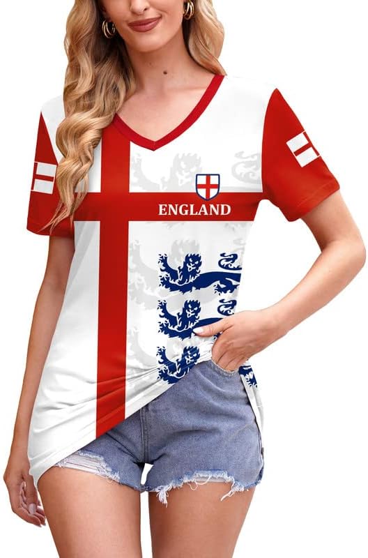 Mainfini Womens T-Shirt England Football Ladies Shirt for World Cup England Supporters Red&White S-XXL