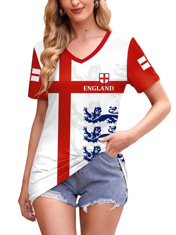 Womens T-Shirt England Football Ladies Shirt for World Cup England Supporters Red&White S-XXL