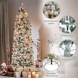 Yaheetech 7.5ft Pre-lit Snow Flocked Pencil Christmas Tree Kingswood Fir Hinged Slim Skinny Corner Xmas Tree with 350 Incandescent Warm White Lights & 1086 Snow Branch Tips, White Yaheetech 75ft Pre lit Snow Flocked Pencil Christmas Tree Kingswood Fir Hinged Slim Skinny Corner Xmas Tree with 350 Incandescent Warm White Lights 1086 Snow Branch Tips White