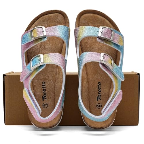 Image of Torotto Toddler Kids Sandals Boys Girls Cork Footbed Sandals with Adjustable Buckle Casual Slides Open Toes Flat