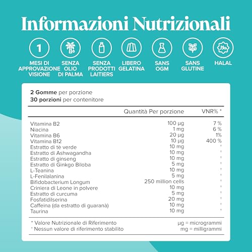 Gommose Focus – Formula Vegetale Per Energia Mentale E Concentrazione – Con 17 Nutrienti Tra Cui Ginseng, Lions Mane, Ginkgo Biloba, Probiotici E Vitamine – Vegane – 60 Gommose - Novomins - 6