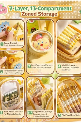 Image of Cute Pencil Pouch for Kids,Yellow Multi-Compartment Zipper Pen Case with Front Pocket & Round Utility Pocket, Large Capacity School Stationery Organizer for Girls & Boys