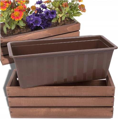 ECODECO Deko Holzkiste für Blumen | Kiste Holz | Holzbox mit Plastic Insert | Blumentopf für Balkon Terrasse oder Garten | Blumenkasten