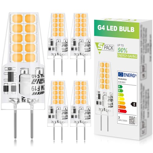 MUSUNIA g4 LED Lampen - 3W Birnen 3000K Warmweiß 300lm, Ersatz für 30W Halogenlampen,Kein Flackern Nicht Dimmbar, 12V AC/DC, 5er Pack