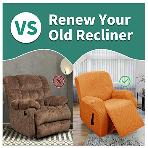 Image of YEMYHOM 4 Pieces Stretch Recliner Slipcover Jacquard Recliner Chair Cover with Side Pocket Anti-Slip Fitted Recliner Cover Couch Furniture Protector with Elastic Bottom (Recliner, Orange)