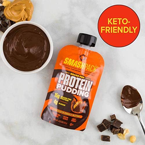 SmashPack Protein Pudding | Grass-Fed Protein Pudding Pouches - Low Sugar, Low Carb Snack - 15g Protein - 4g Sugar - 130 Calories Gluten Free, Non-GMO, Keto Friendly (Chocolate Peanut Butter, 6 Pack)