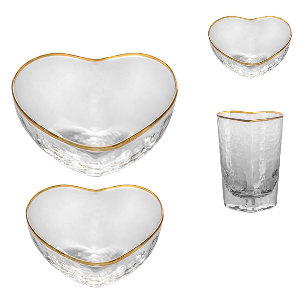 Set 4 Pezzi Ciotole e Bicchieri in Vetro a Forma di Cuore, Superficie Liscia e Luminosa, Design Elegante per Uso Quotidiano e Riunioni Familiari