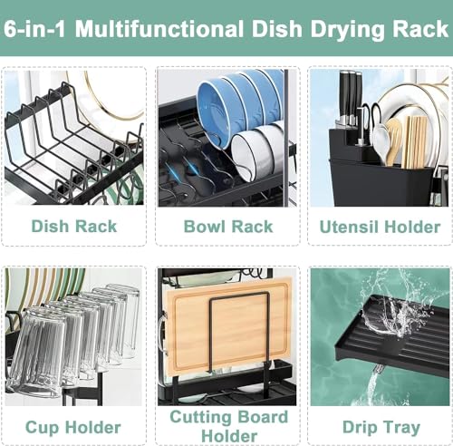 Image of 2 Tier Dish Drying Rack for Kitchen Counter with Drain Board, Swivel Drainage Spout & Cup Holder - Rust Resistant Metal Dish Drainer with Utensil Holder, Cutting Board Stand for Plates Bowls Cups