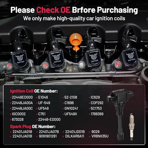 Image of BDFHYK Ignition Coil Pack UF549 and Iridium Spark Plug 9029 Compatible with Nissan Altima 2008 2009 2010 2011 2012 2013 Nissan Rogue Sentra Versa 2013-2021 Nissan Coil Pack NV200 Cube 2.5L Set of 4